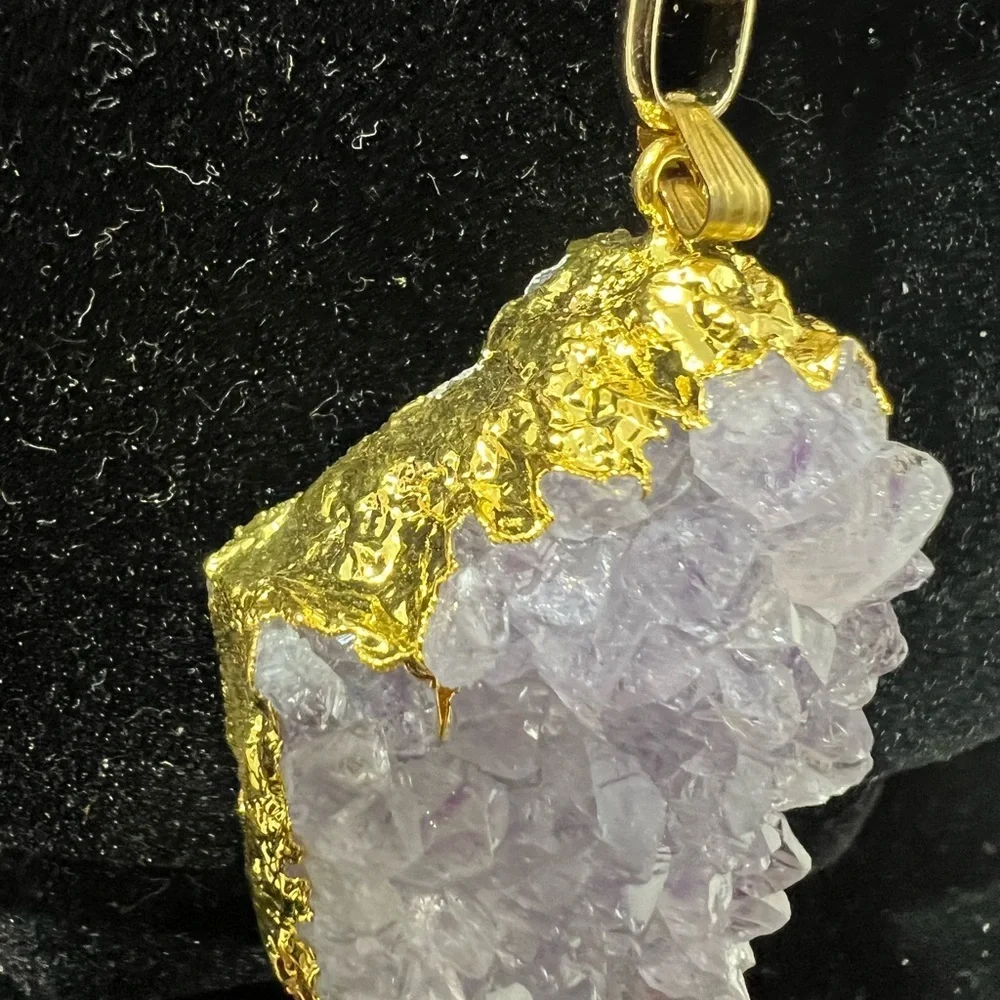 Amethyst Crystal Cluster Pendant On A 26” Inch Gold Chain W/ Rhinestone☑️